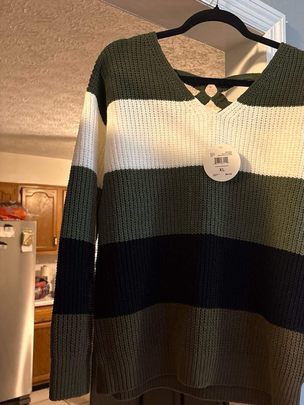 Striped V-Neck Knit Sweater - Green/White/Black -size XL